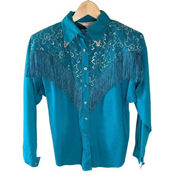 Vintage 80s Lilia Smitty Western Shirt Turquoise Fringe Lace Cowgirl Rodeo Sz M - Picture 1 of 7